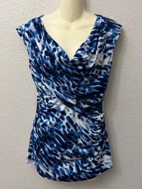 Chaus Abstract Blue Leopard Cowl Neck Top  size M